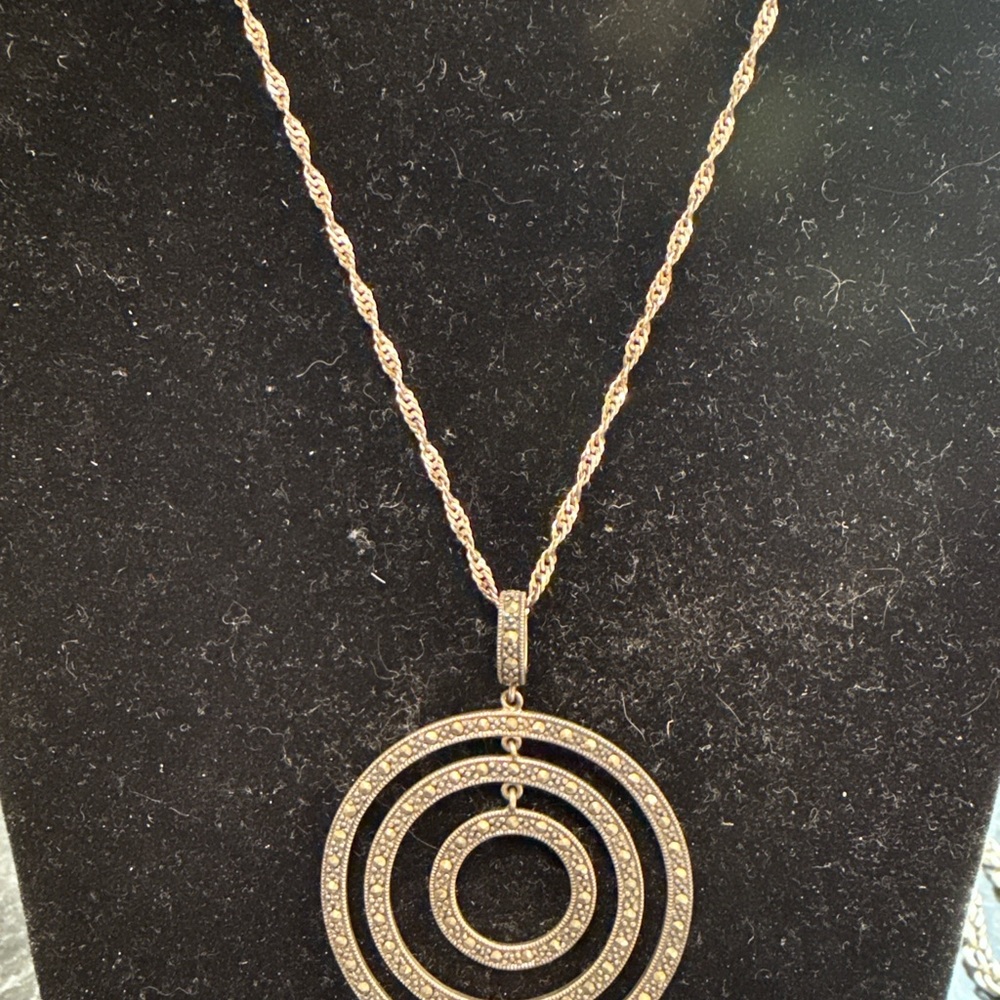 Sterling Silver Marcasite Concentric Circles Necklace - Italy 925 Chain